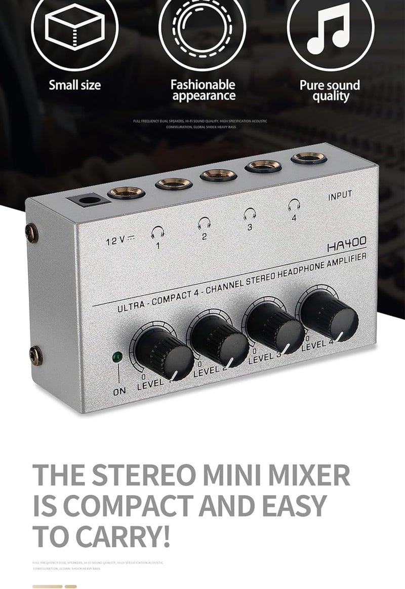 HSCLPM Headphone Amplifier with Audio Cable, HA400 4-Channel Metal Stereo Audio Amplifier, Mini Earphone Splitter W/ 1/4" TRS & DC 12V Power Adapter, for Sound Mixer PC Guitar Studio Stage (Gray) - Image 4